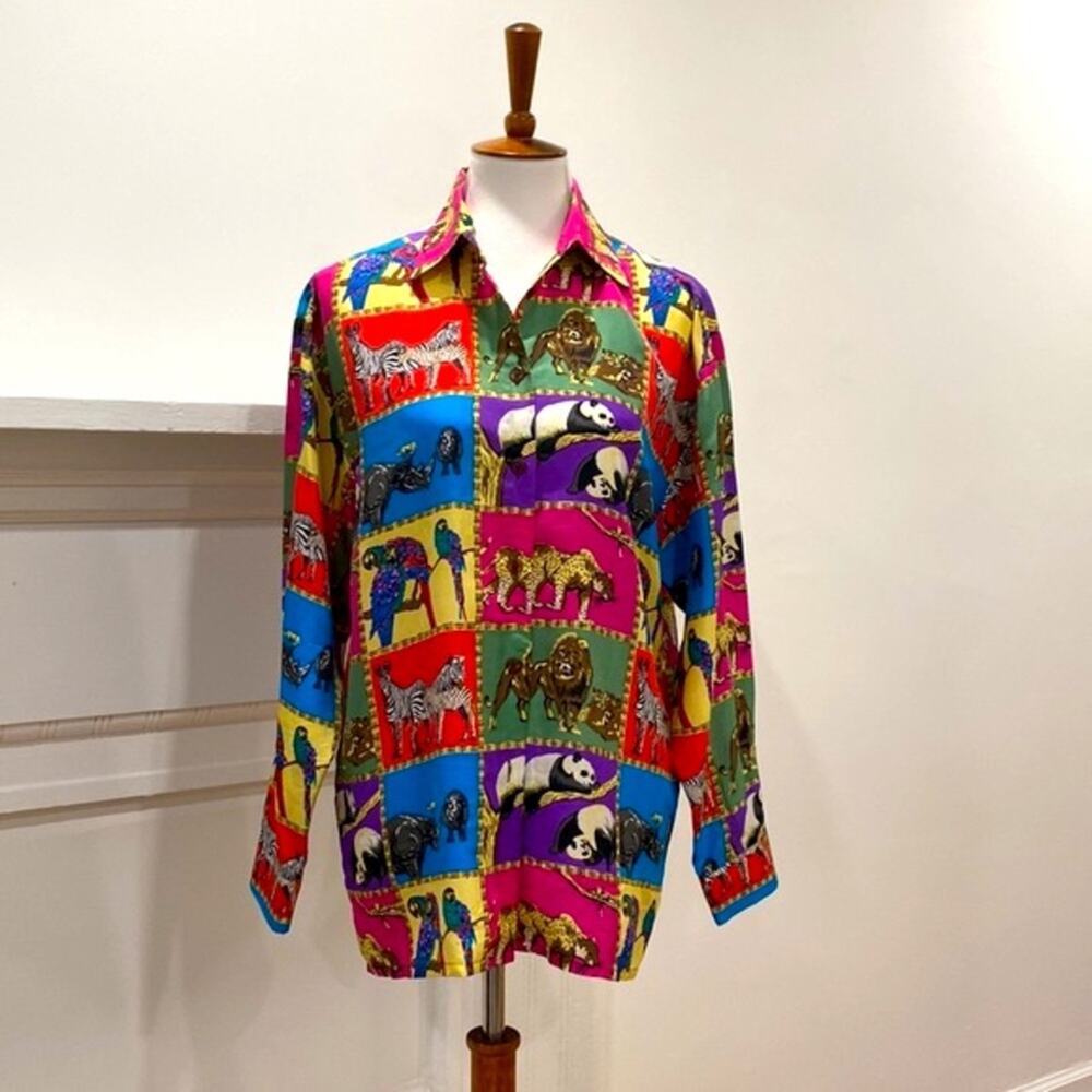 Vintage Womens Top Silk Medium Animal Lover Womens Button down 90s Shirt Medium - Picture 5 of 17